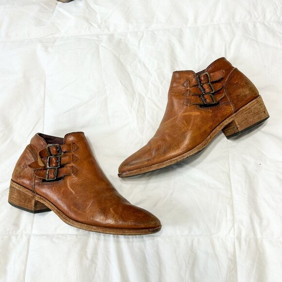 Frye Ray Belted Bootie Brown Leather Ankle Boots Women’s 8.5M Triple Buckle EUC - Picture 3 of 11